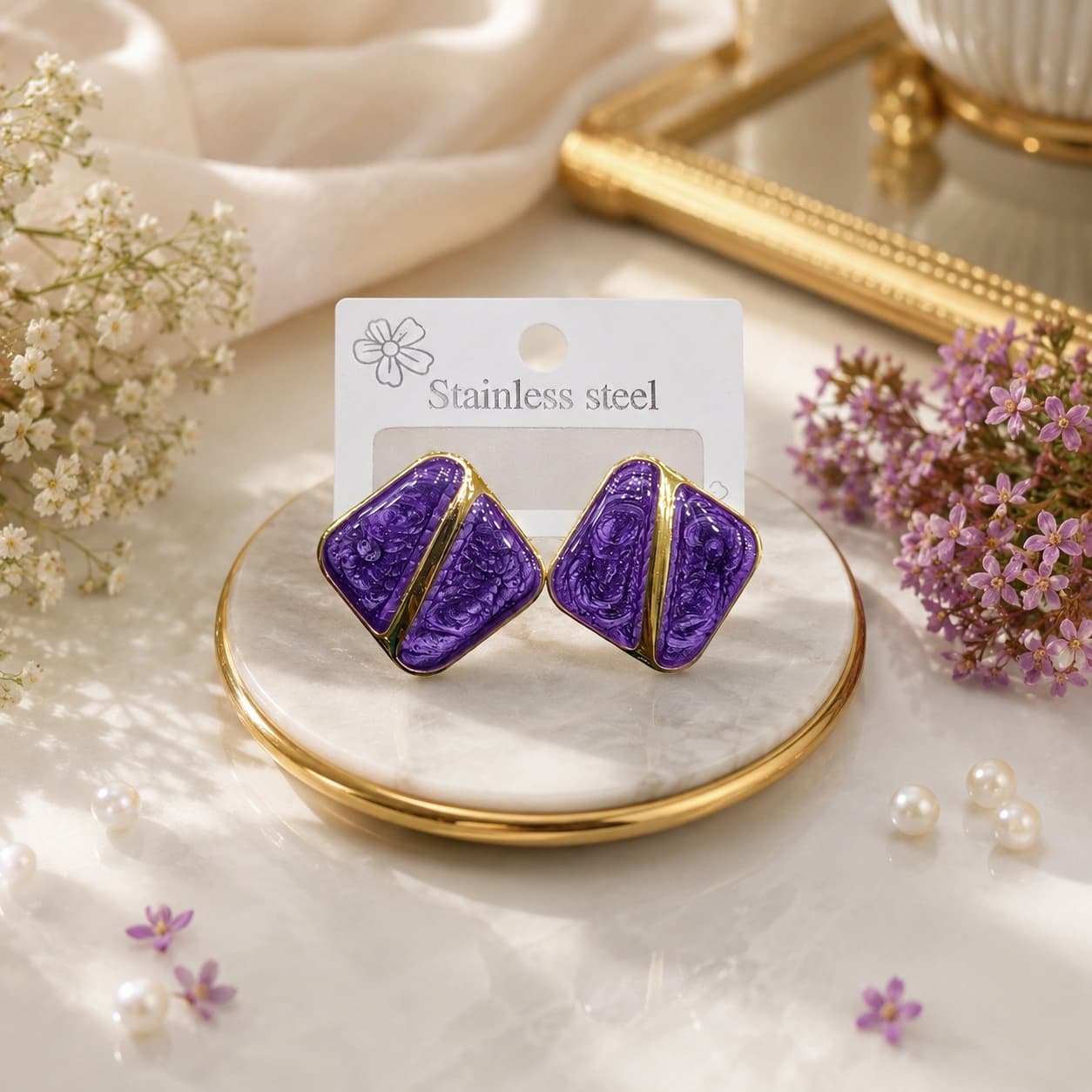 Celeste Purple Gold Textured Geometric Stud Earrings by Soni De Nakhre