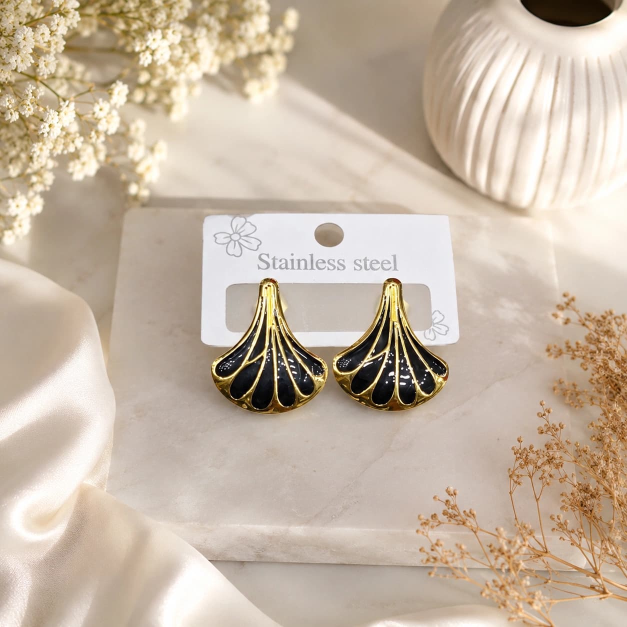 Celeste Midnight Gold Fan Stud Earrings by Soni De Nakhre