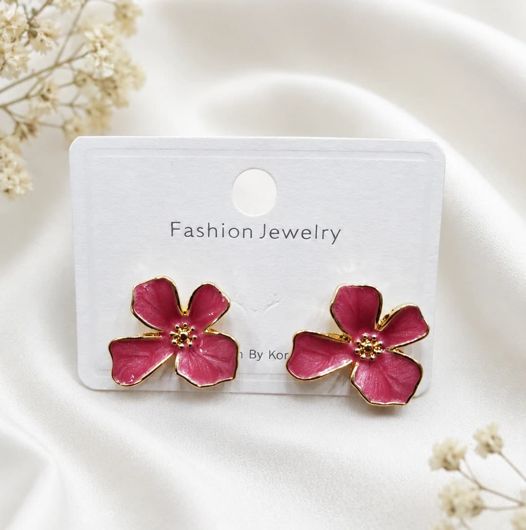 Rose Pink Floral Enamel Korean Stud Earrings by Soni De Nakhre