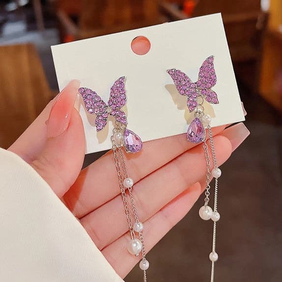 Lavender Crystal Butterfly Pearl Chain Drop Earrings by Soni De Nakhre