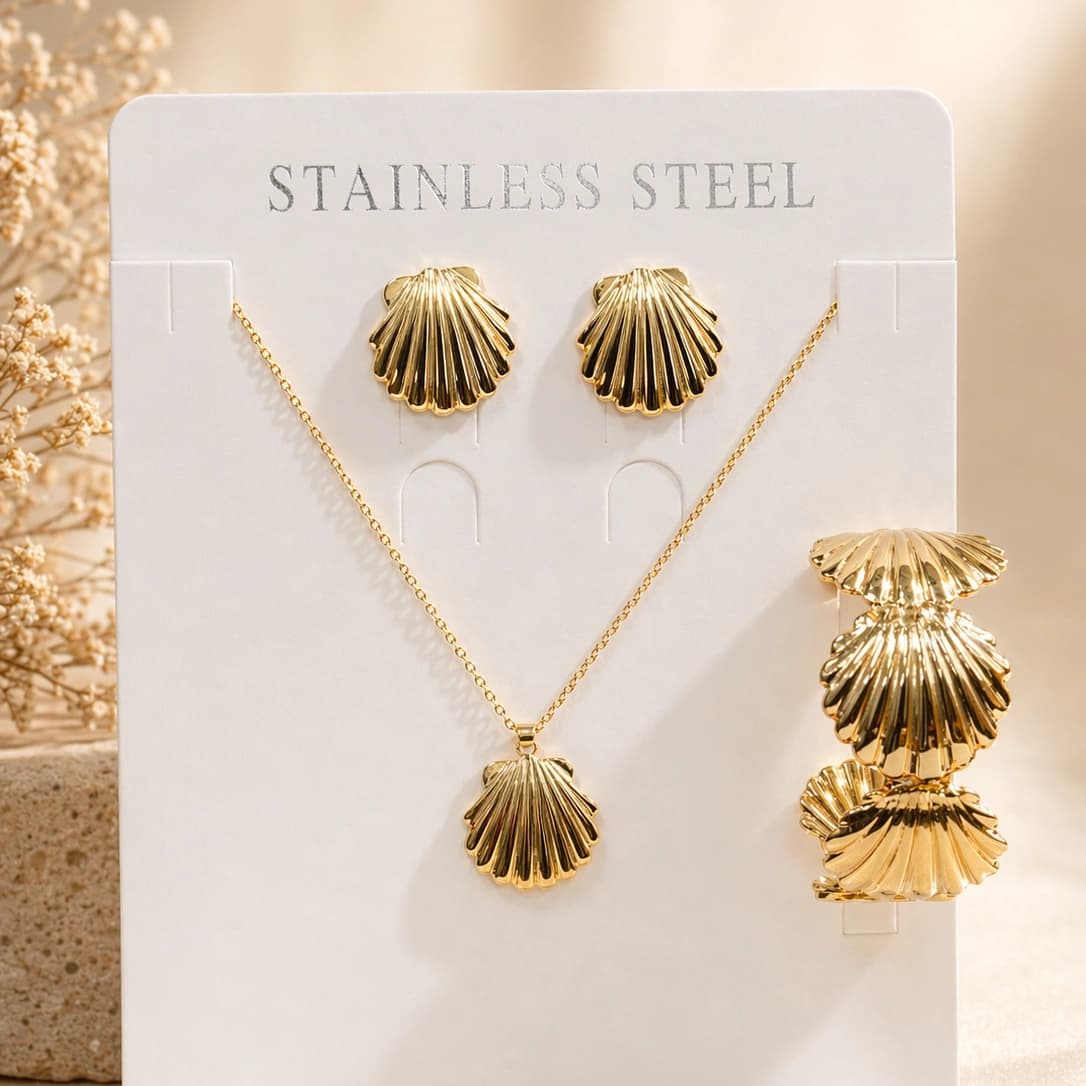Celeste Golden Shell Necklace, Earrings & Bracelet Set by Soni De Nakhre