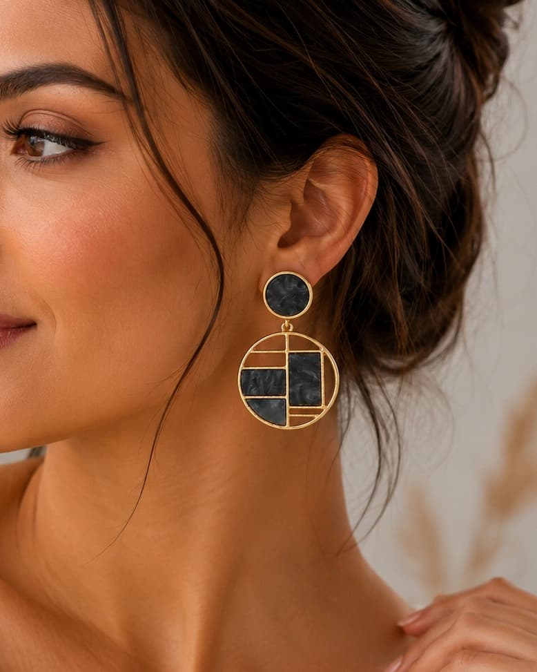 Noir Mosaic Round Geometric Drop Earrings by Soni De Nakhre β alternate view