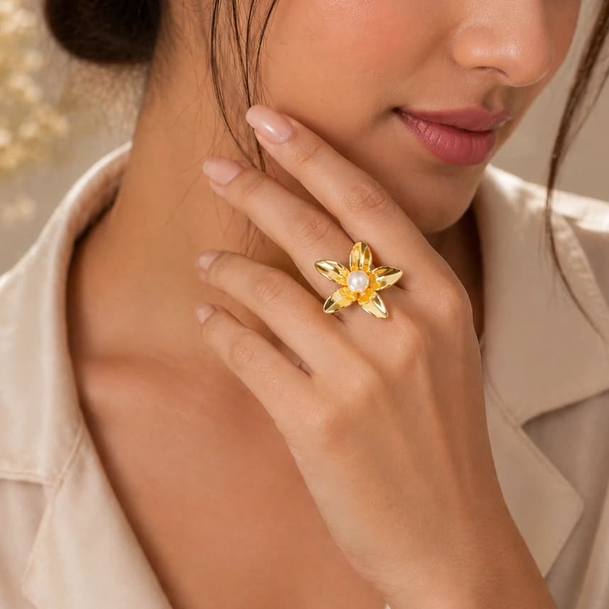 Golden Bloom Pearl Statement Ring by Soni De Nakhre β alternate view