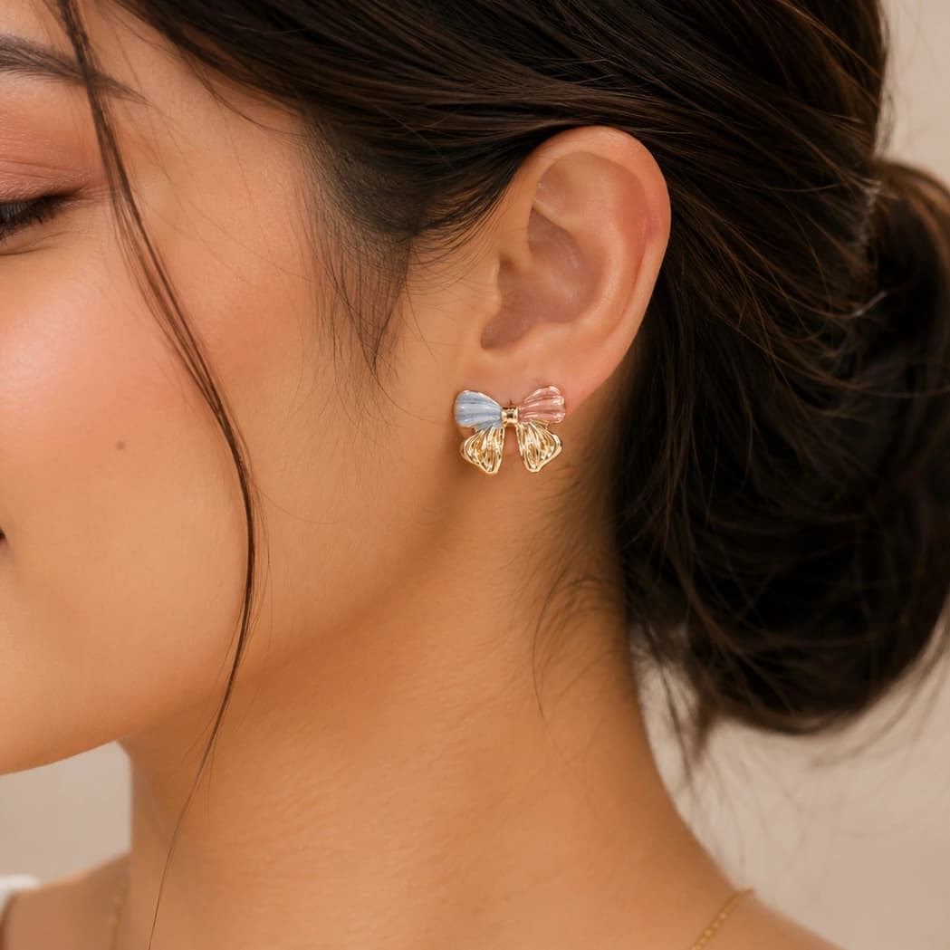 Pastel Bow Charm Korean Stud Earrings by Soni De Nakhre β alternate view