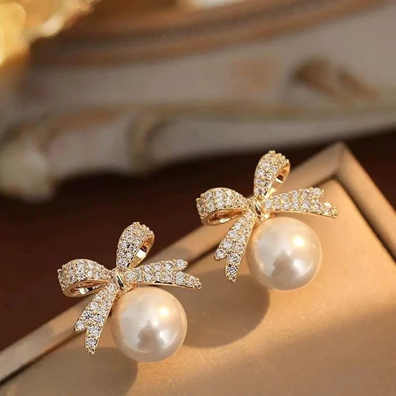 Celeste Crystal Bow Pearl Drop Korean Earrings by Soni De Nakhre