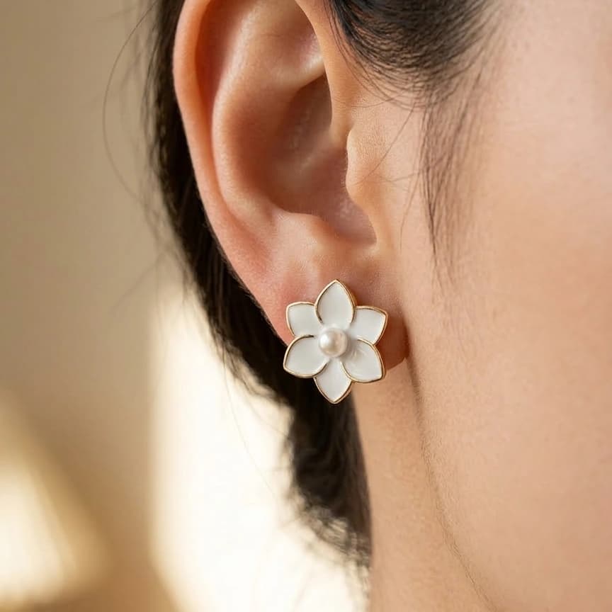 Ivory Pearl Flower Korean Stud Earrings by Soni De Nakhre β alternate view