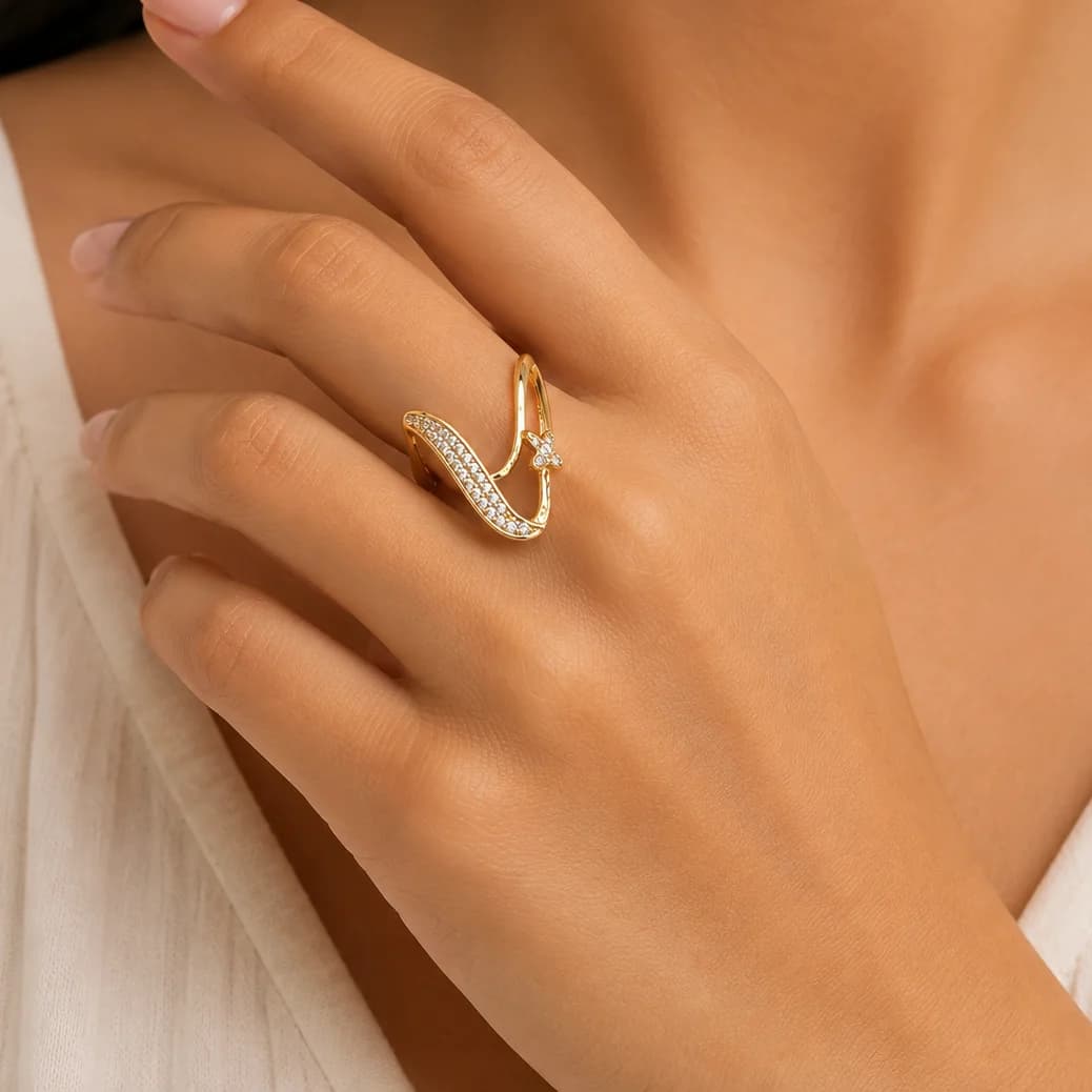 Celeste Gold Crystal V-Curve Ring by Soni De Nakhre β alternate view