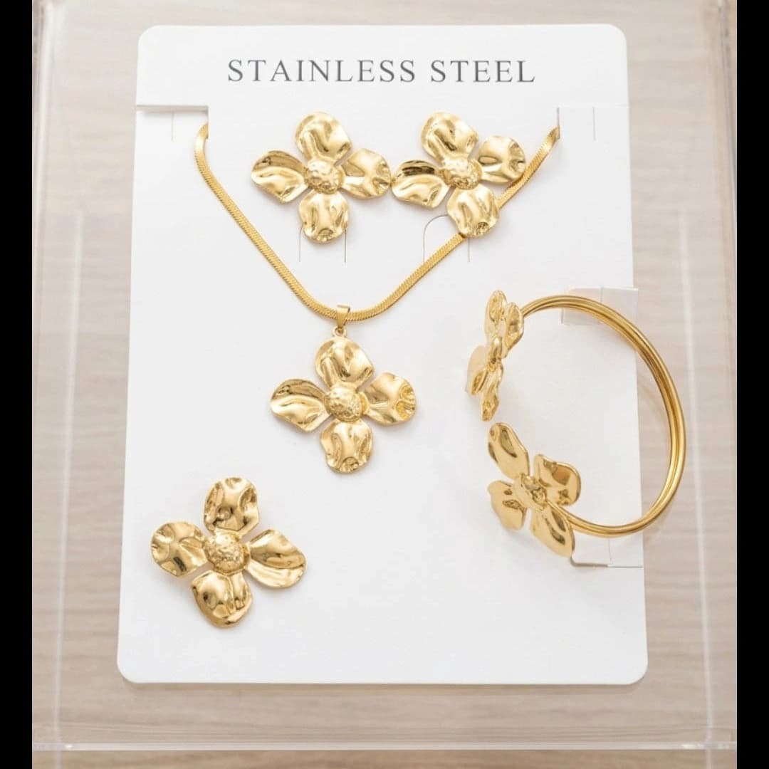 Celeste Golden Floral Necklace, Earrings & Bracelet Set by Soni De Nakhre