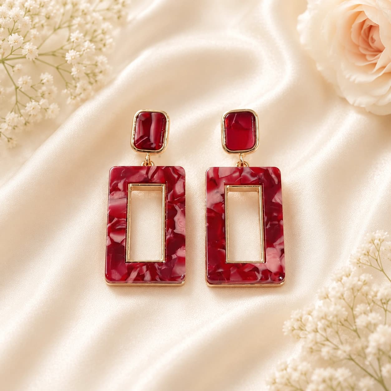 Ruby Marbled Geometric Rectangle Drop Earrings by Soni De Nakhre