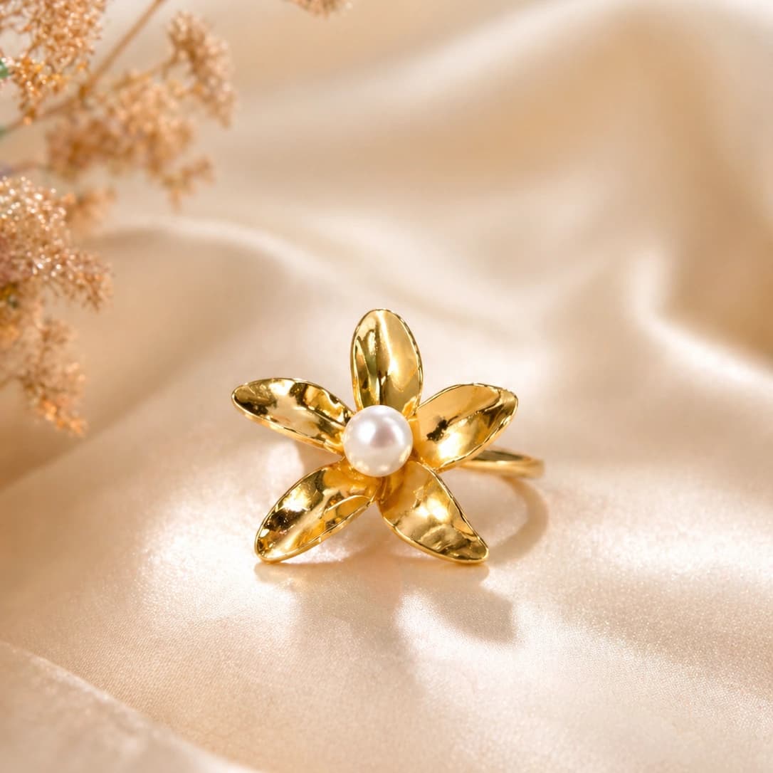 Golden Bloom Pearl Statement Ring by Soni De Nakhre