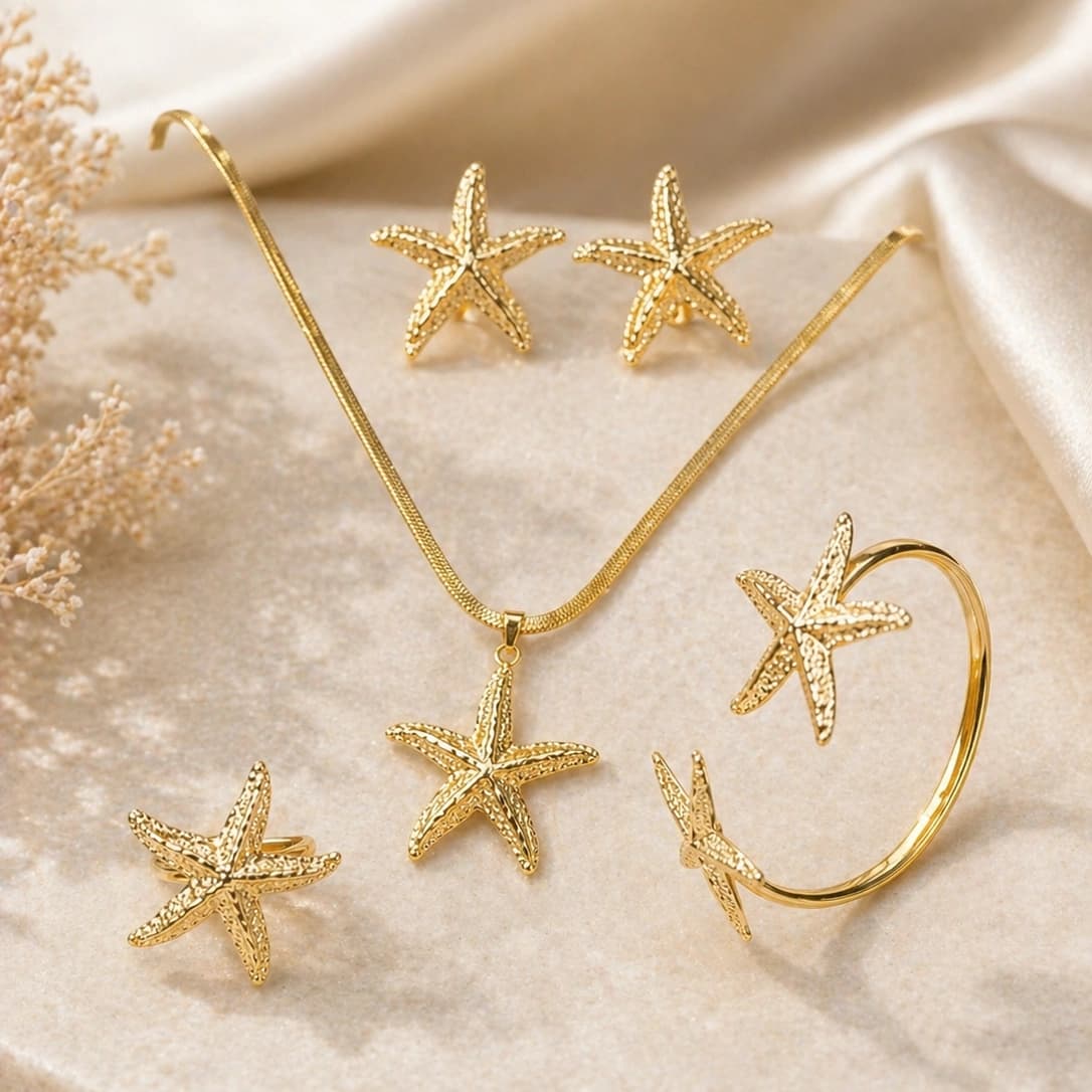 Celeste Golden Starfish Necklace, Earrings & Bracelet Set by Soni De Nakhre