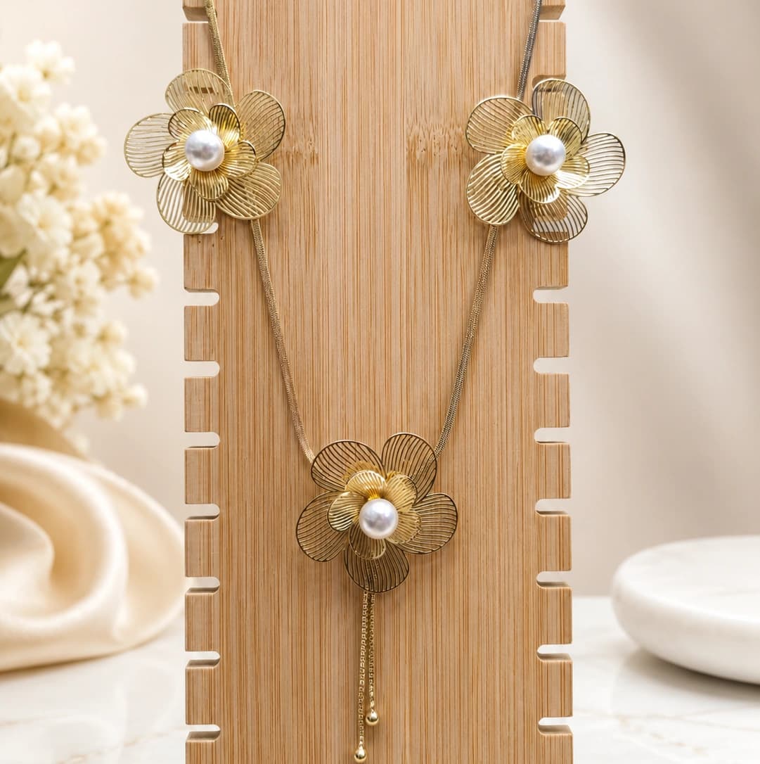 Celeste Golden Floral Pearl Necklace & Earrings Set by Soni De Nakhre